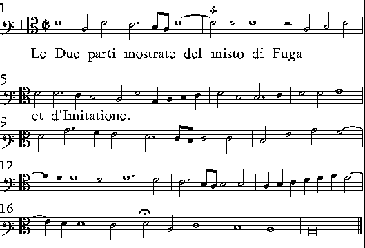 Si canta il Consequente in Diapente graue, dopò due tempi.
Le due parti mostrate del misto di Fuga & d'Imitatione.