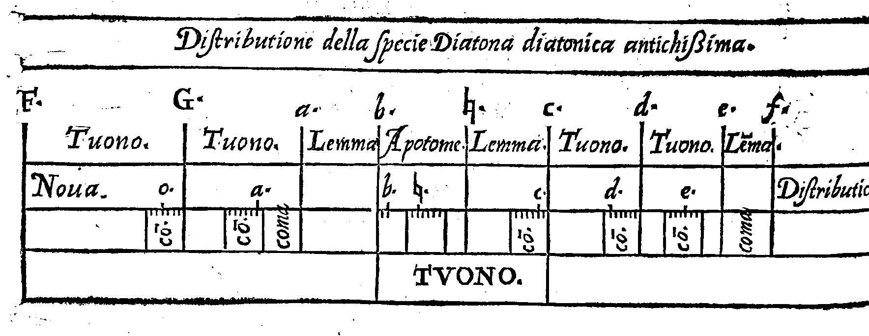 Distributione della specie Diatona diatonica antichissima.
F. G. a. b. . c. d. e. f.
Tuono. Tuono. Lemma Apotome. Lemma. Tuono. Tuono. Lma.
Noua. o. a. b. . c. d. e. Distributio
c.
c.
coma
c.
c.
c.
coma
TVONO.